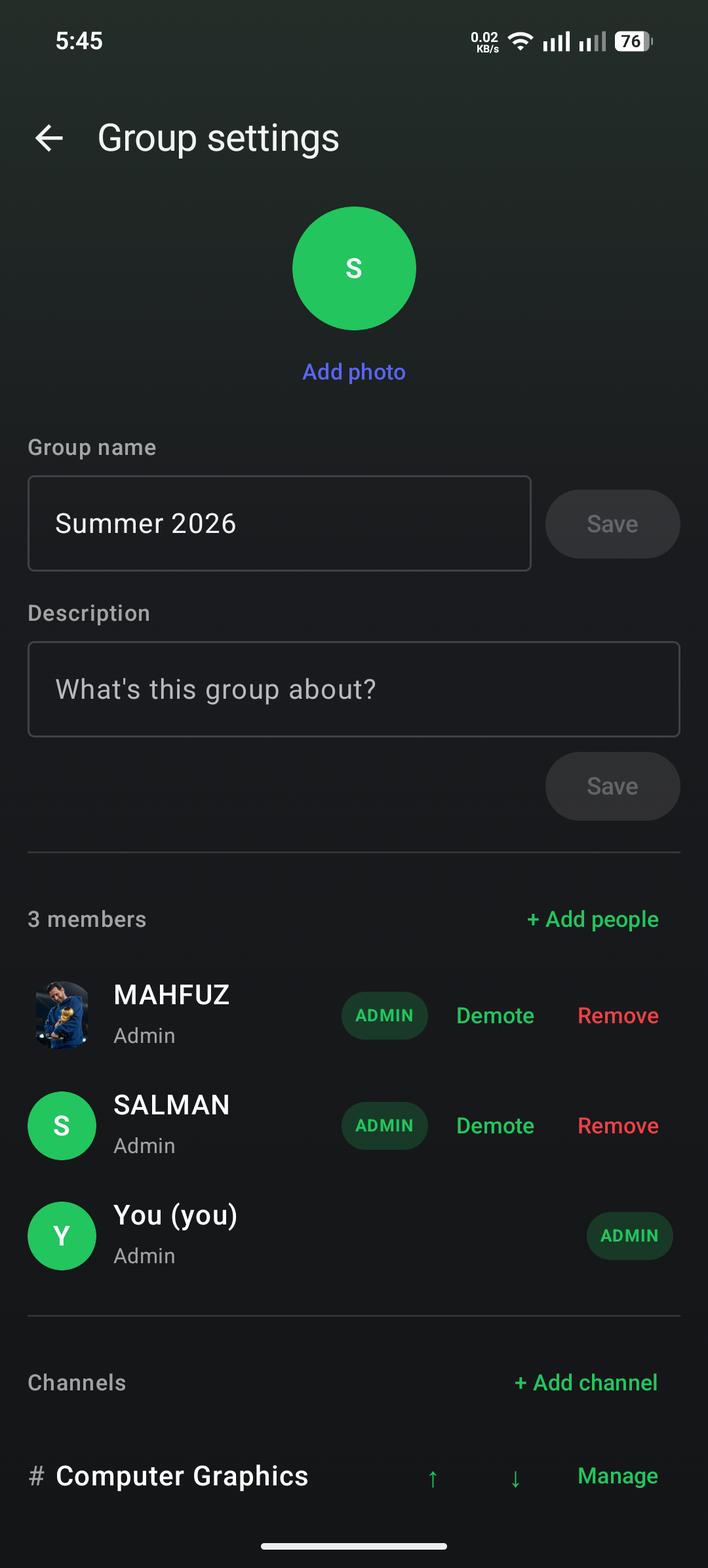 Thunder Android group settings and member controls