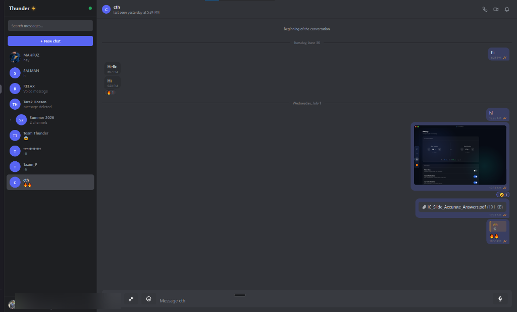 Thunder desktop interface with conversations, replies, images, and file sharing